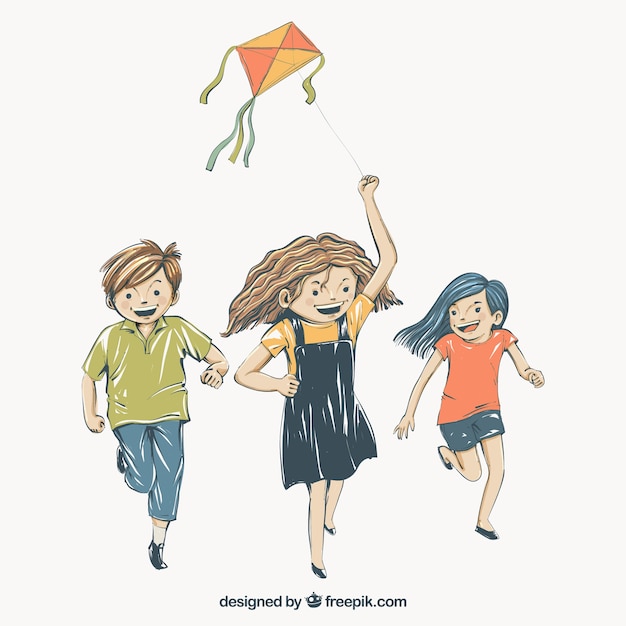 凧で遊んでいる子供たちの背景