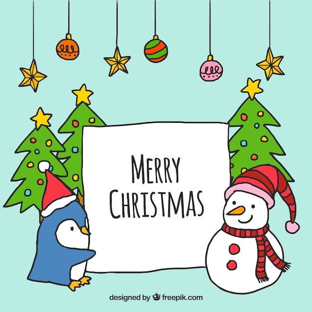 Free vector background of christmas characters with hand drawn poster