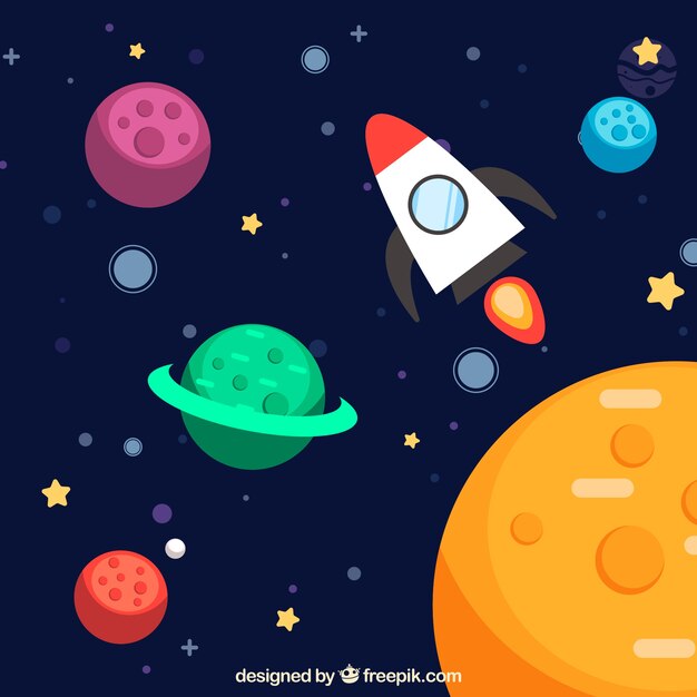 Background of colorful planets with rocket