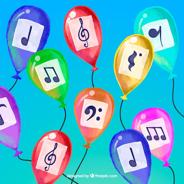 Фон из разноцветных акварельных воздушных шаров с музыкальными нотами