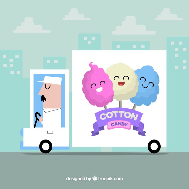 Free vector background of cotton candy truck in the city