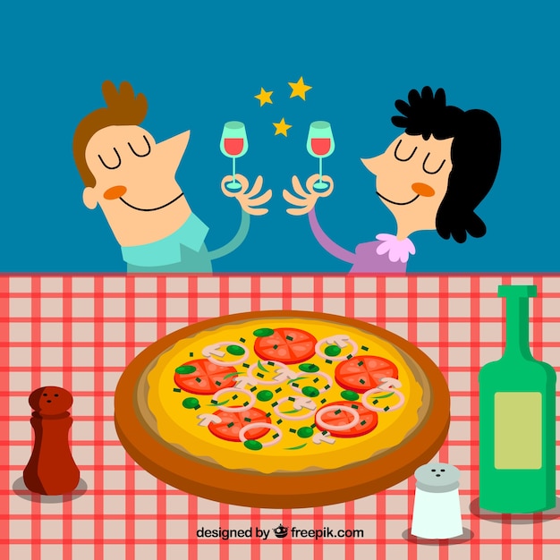 Background of couple toasting with a delicious pizza