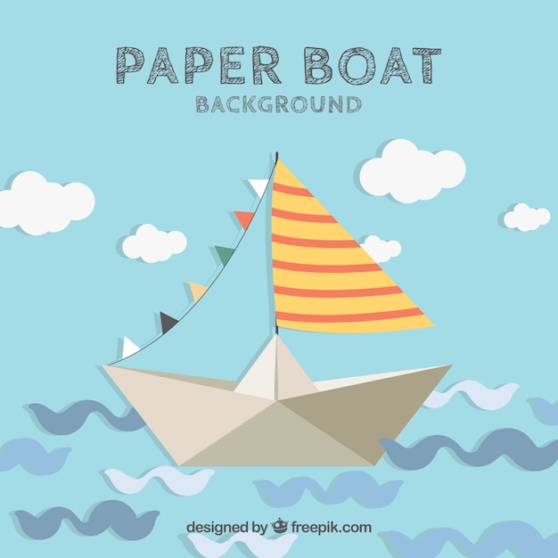 Free vector background of cute paper boat with abstract waves