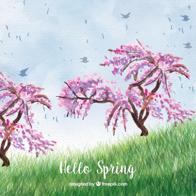 Free Vector background of cute spring landscape with watercolor trees
