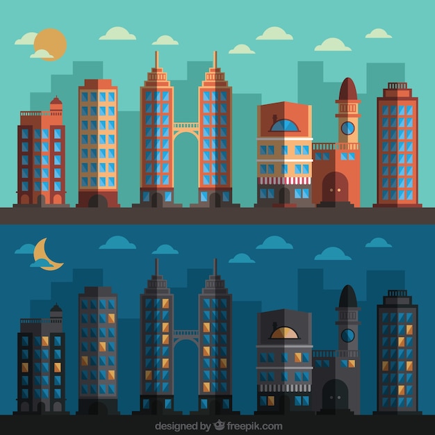 Free vector background of daytime and nighttime city