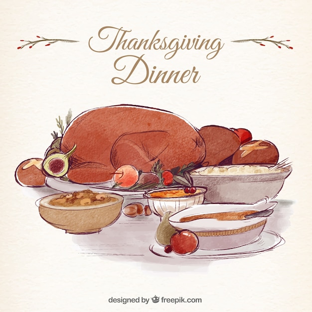 Background of delicious thanksgiving dinner with turkey in watercolor effect