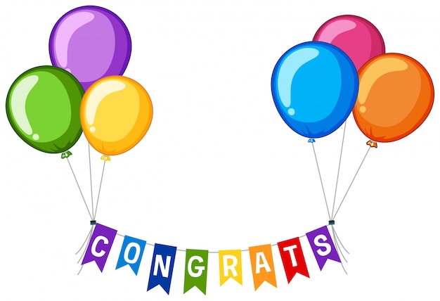 Дизайн фона со словом congrats и цветными воздушными шарами