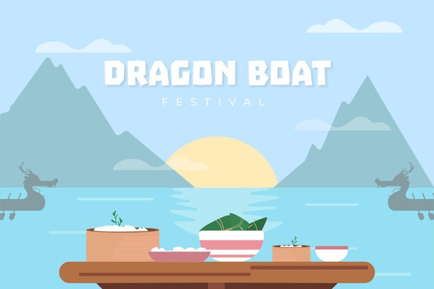 Background of dragon boat event and mountains