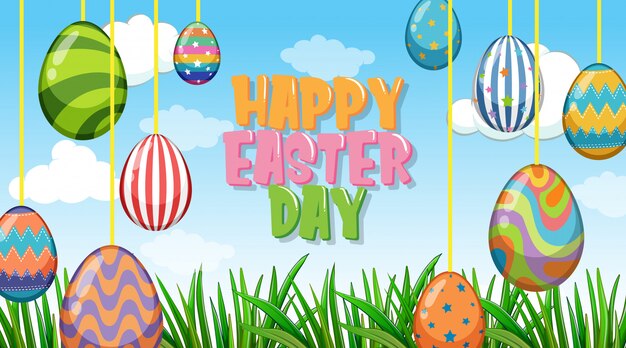 background for easter with decorated eggs in garden