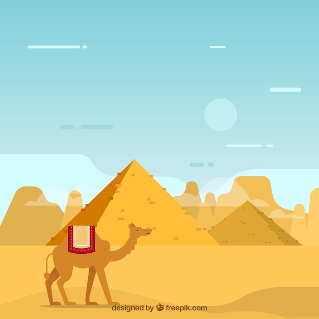 ラクダのキャラバンとエジプトのピラミッドの風景の背景