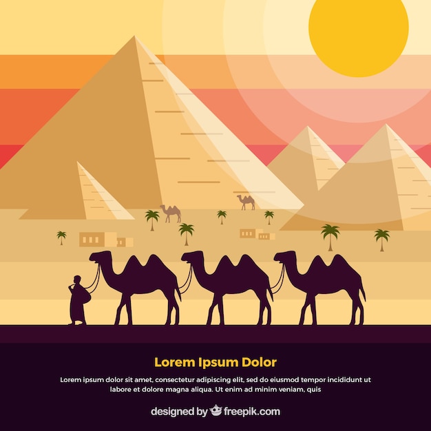 Free vector background of egypt pyramids landscape with caravan of camels