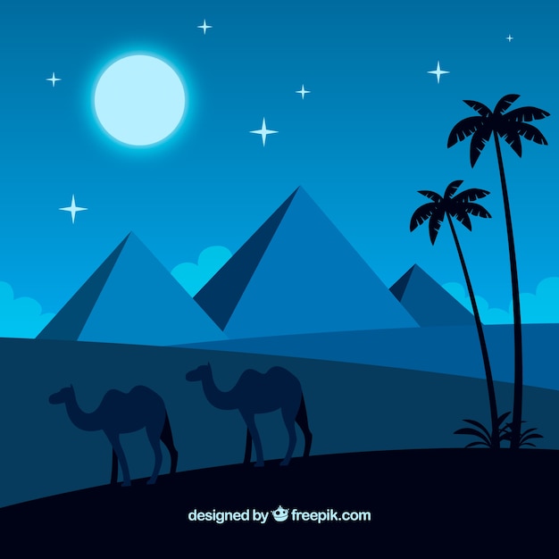Free vector background of egypt pyramids night landscape with caravan of camels