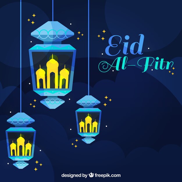 Free vector background of eid al fitr of lanterns with candles