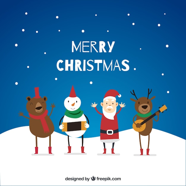 Free vector background of enjoyable christmas characters playing music under the snow