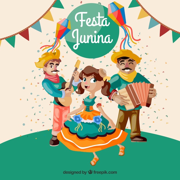 Free vector background of festa junina with people dancing and playing