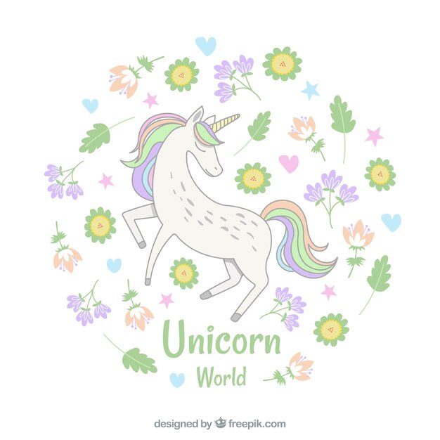 Background of flowers and leaves with pretty unicorn