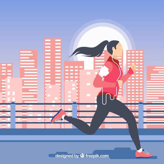 Free vector background of girl running through a modern city