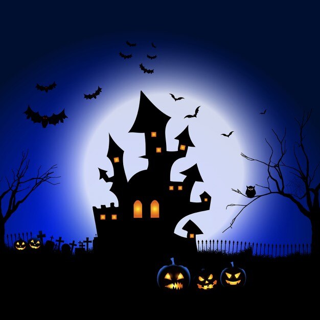 Background for halloween with a haunted house and pumpkins
