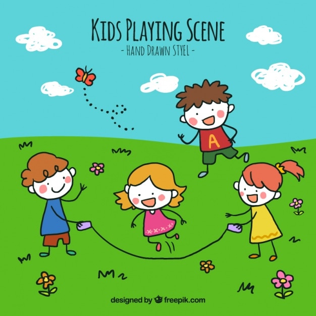 Free vector background of hand drawn children playing in the field