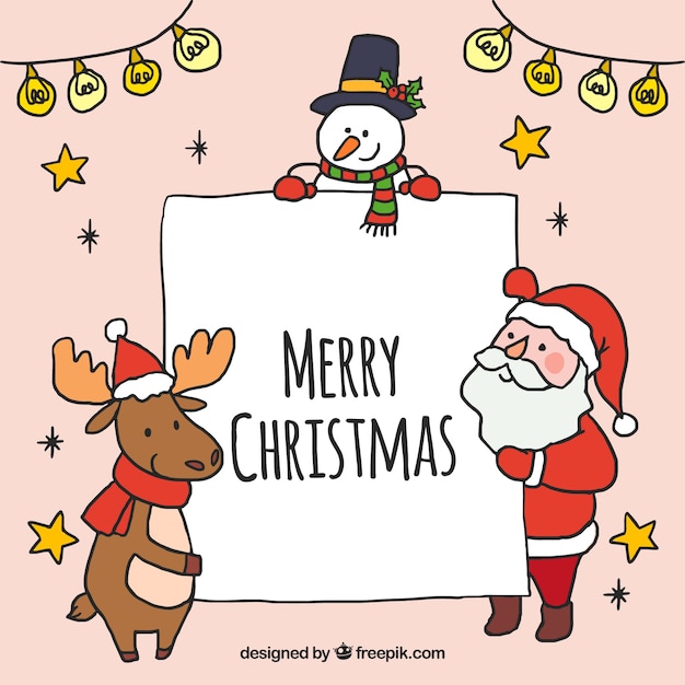 Background of hand-drawn christmas characters with poster