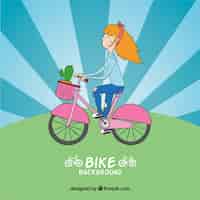 Free vector background of hand drawn girl on a pink bicycle