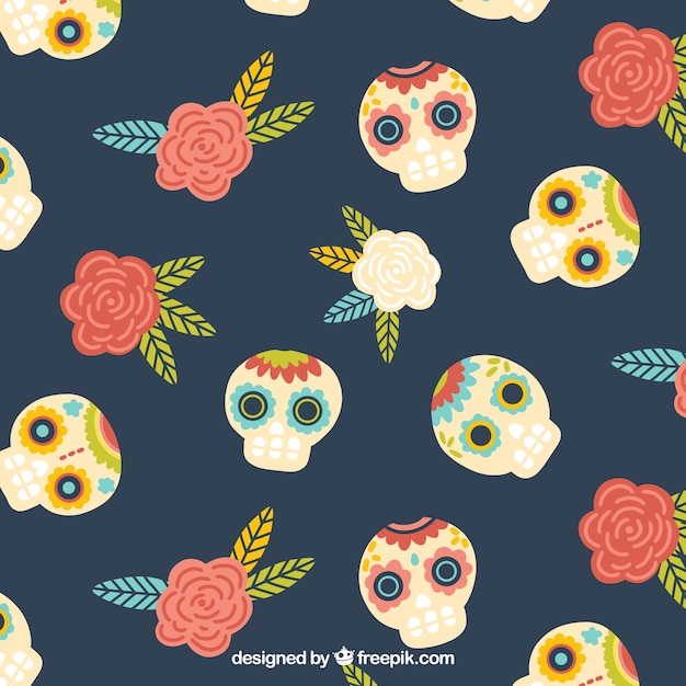 Background of hand drawn mexican skulls with roses