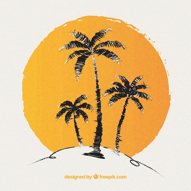 Background of hand-drawn palm trees and sun