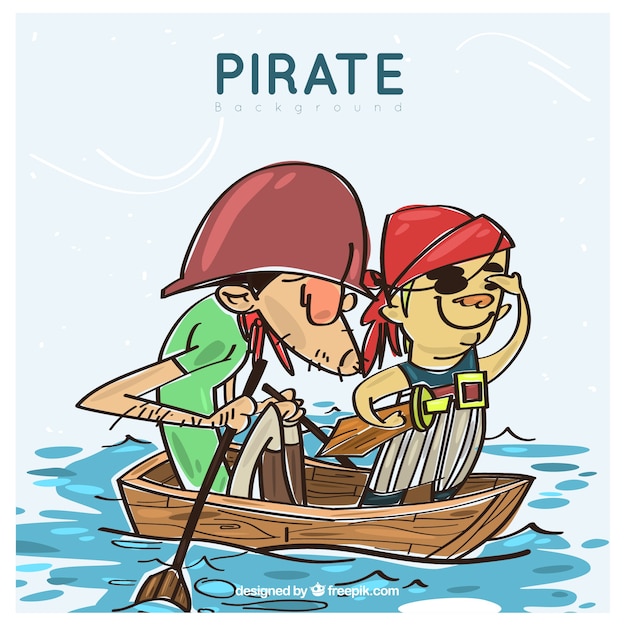 Free vector background of hand drawn pirates in a boat