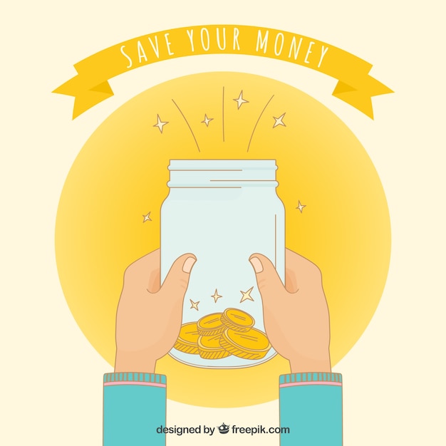 Free vector background of hands with a jar with coins