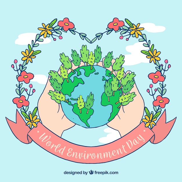 Free vector background of hands with world and hand drawn floral wreath