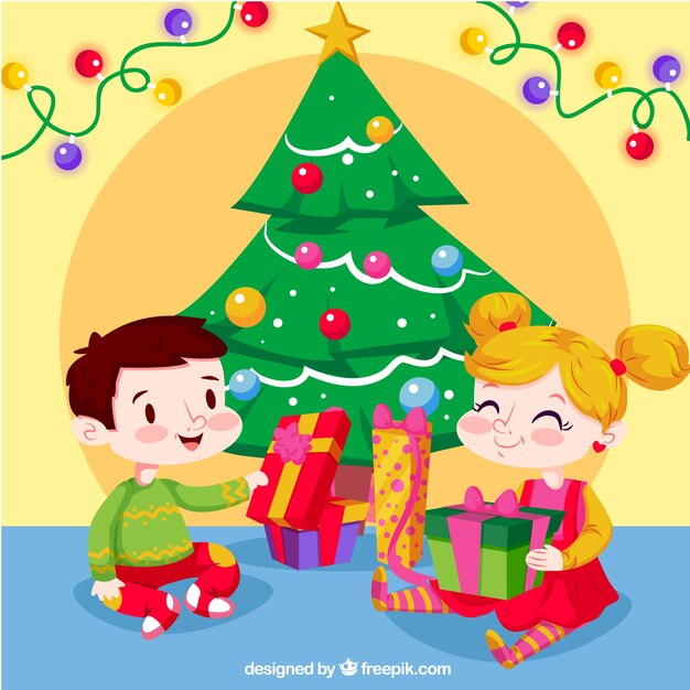 Background of happy children opening christmas presents