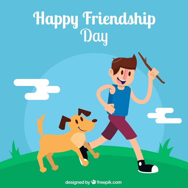 Background of happy day of friendship with boy and dog