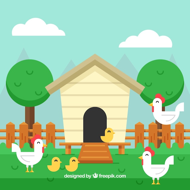 Free vector background of happy hens on the farm