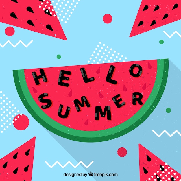 Free vector background of hello summer with delicious watermelons