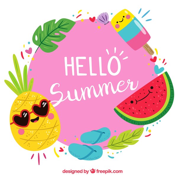 Background of hello summer with funny fruits