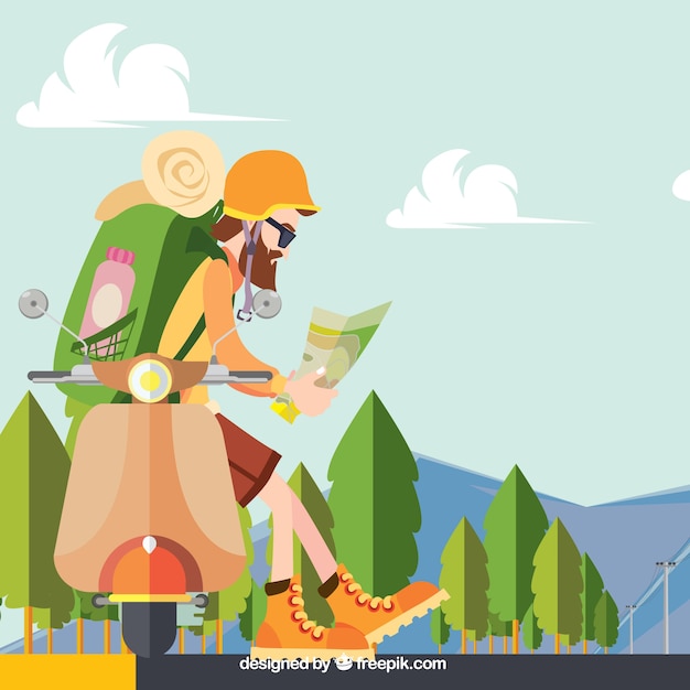 Background of hiker in the field in flat design