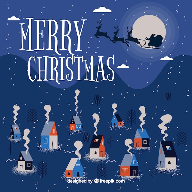 Free vector background of merry christmas with pretty village and santa claus