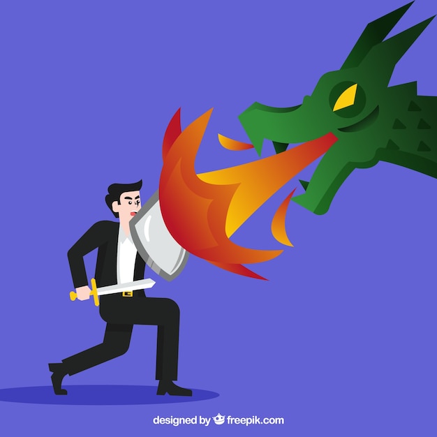 Фон деловой характер, сражающийся с драконом