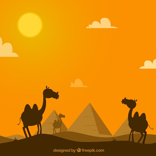 無料ベクター ラクダのキャラバンとエジプトのピラミッドの風景の背景
