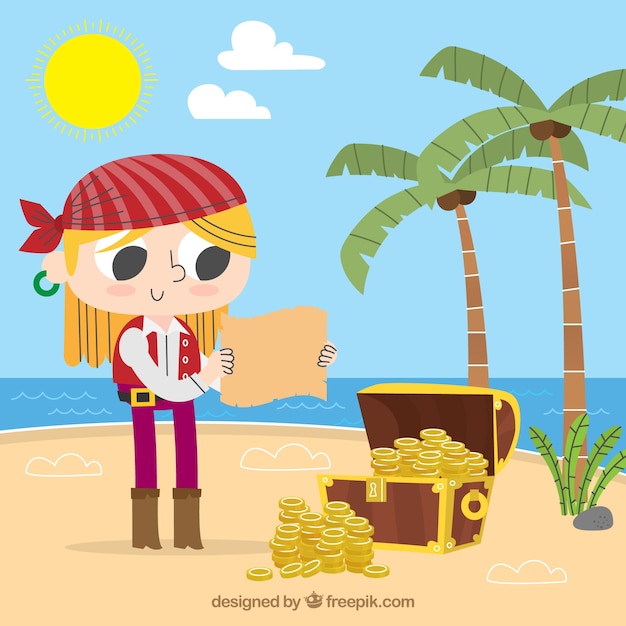 Бесплатное векторное изображение Фон пиратской девушки с сокровищами