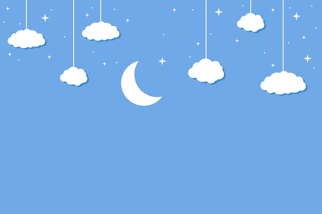 Background of paper cut style moon and clouds hanging from the top