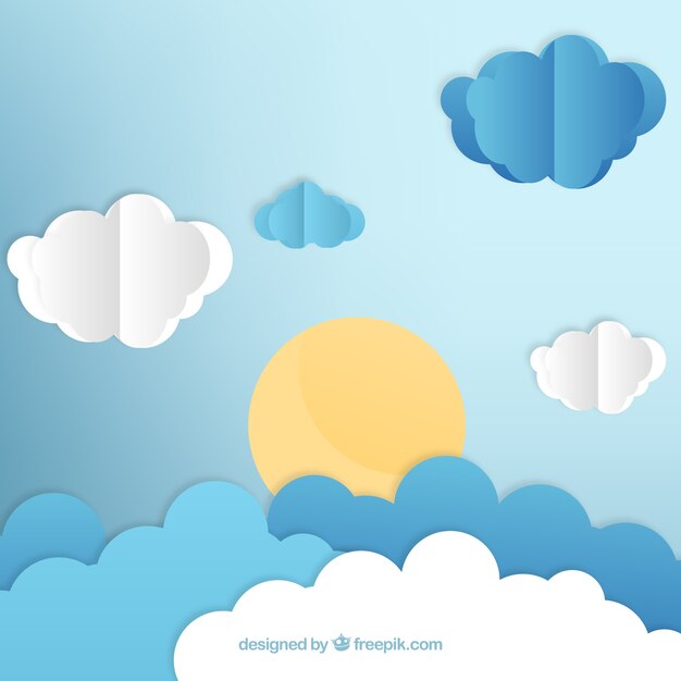 雲と太陽のある紙のスタイルの背景