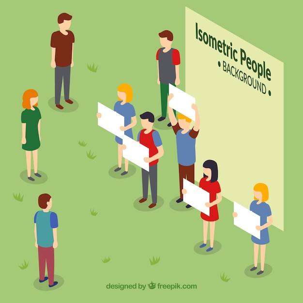 Free vector background of people with white posters in isometric perspective