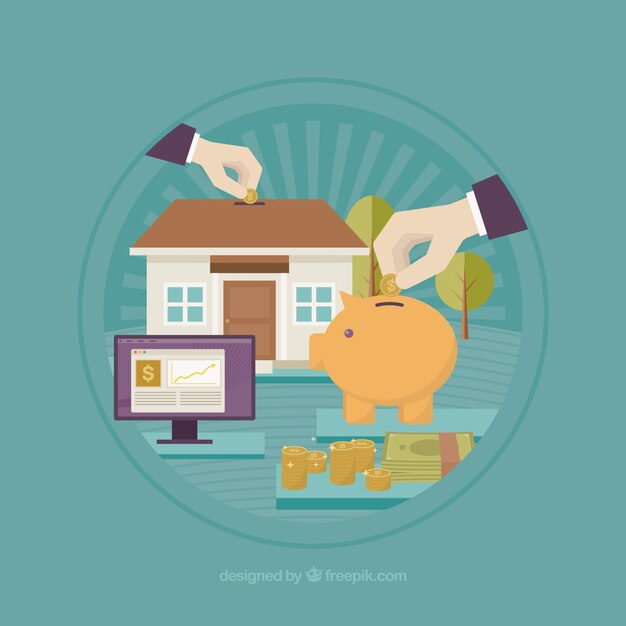 Background of piggy bank and other elements in flat design