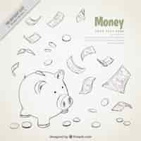 Free vector background of piggy bank sketches and bills