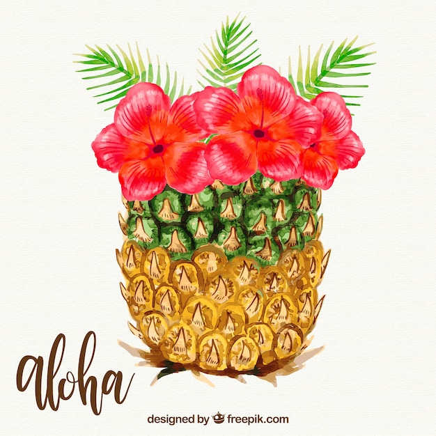 Background of pineapple with watercolor flowers