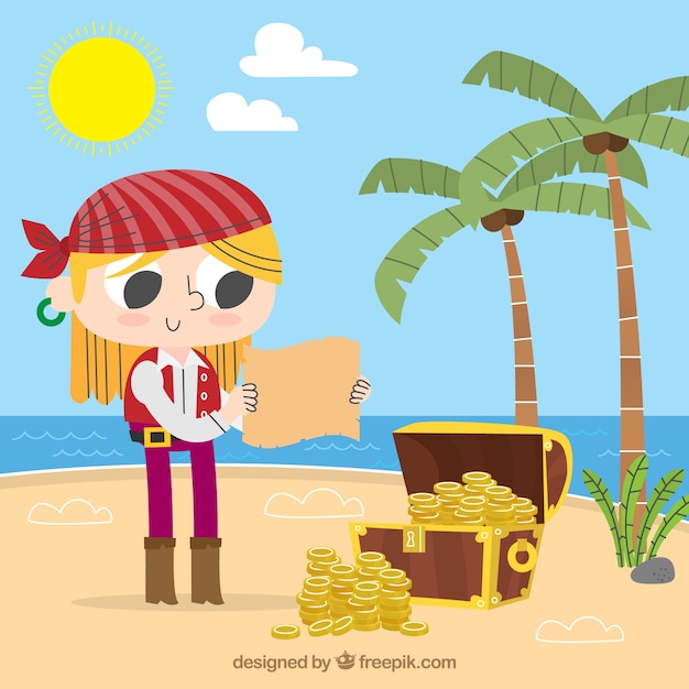 Free vector background of pirate girl with treasure