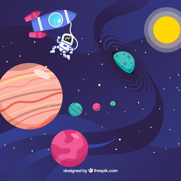 Background of planets with sun and rocket