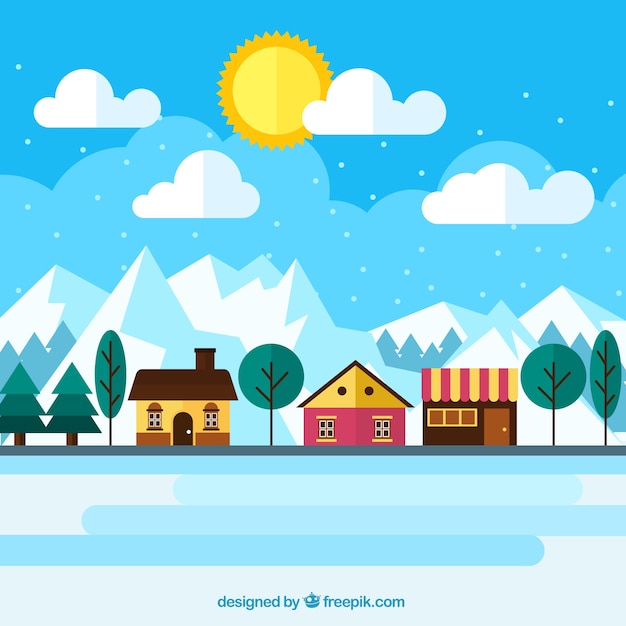 Background of pretty houses in winter landscape