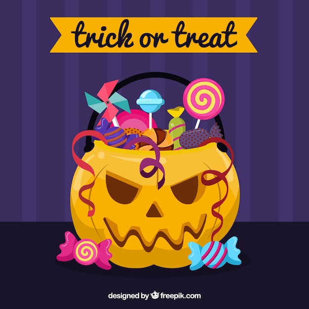 Free vector background of pumpkin full of candies